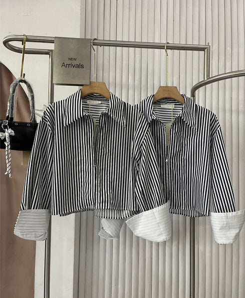 Casual Zipper Stripes Crop Shirts